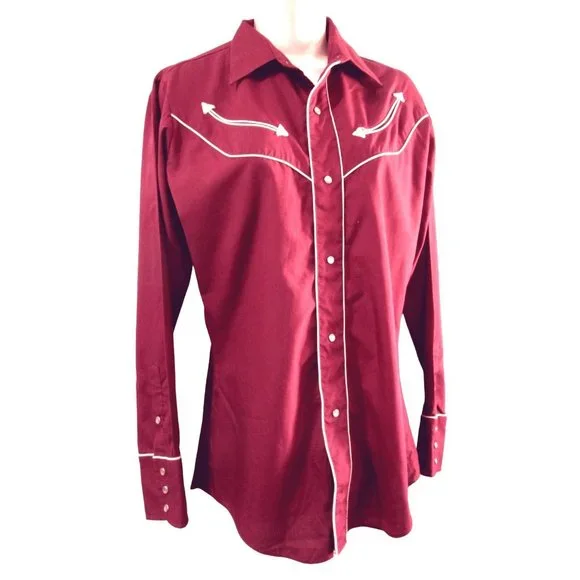 Vintage 70s Levis Pearl Snap Womans S Western Cowboy Rodeo Shirt Maroon White - Picture 1 of 16
